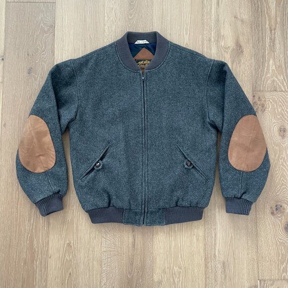 Vintage Eddie Bauer Bomber Jacket Men Large 80s 90s Gray Wool Elbow Patch - Picture 6 of 14
